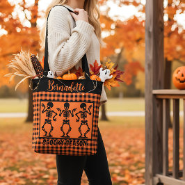 Spooky Season Skeleton Trio Orange & Black Plaid  Tote Bag