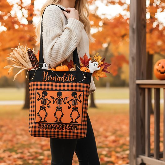 Spooky Season Skeleton Trio Orange & Black Plaid Tote Bag