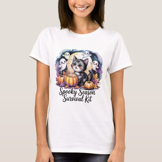 Spooky Season Survival Kit Cute Cat Ghost T-Shirt  (Voorkant)