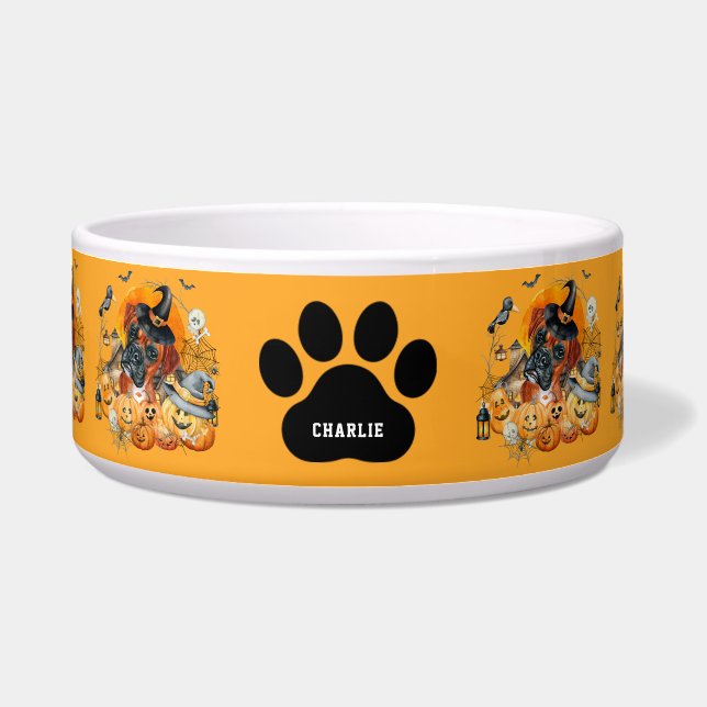 Spooky Seizoen Boxer Halloween Pompoen Custom Dog Voerbakje (Voorkant)