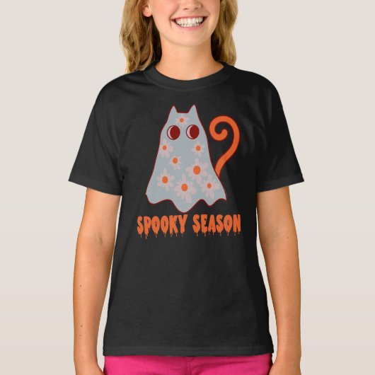 Spooky Seizoen Groovy Ghost Cat Halloween T-shirt (Voorkant)