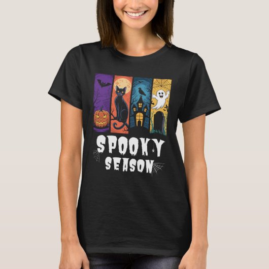Spooky seizoen Halloween Black Cat Ghost achtervol T-shirt (Voorkant)