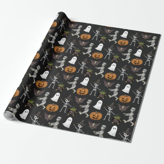 Spooky Seizoen Halloween Spook en Pompoen Patroon Cadeaupapier (Uitgerold)