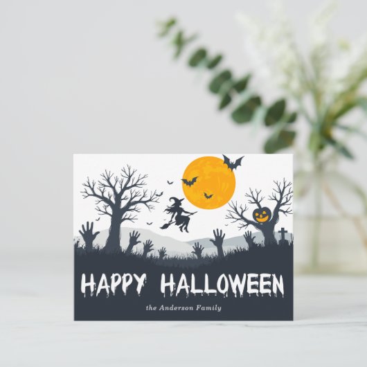 Spooky seizoen Happy Halloween Witch Bats Pumpkin Briefkaart (Staand voorkant)
