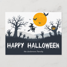 Spooky seizoen Happy Halloween Witch Bats Pumpkin Briefkaart