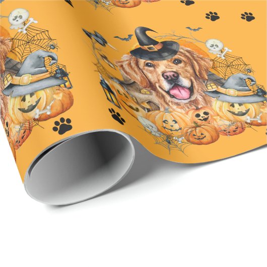 Spooky Seizoen Pompoen Gouden Retriever Halloween Cadeaupapier (Rol Hoek)