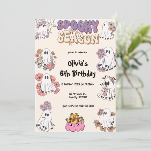 Spooky Seizoen Schattige Ghost Bloemen Halloween V Kaart (Staand voorkant)