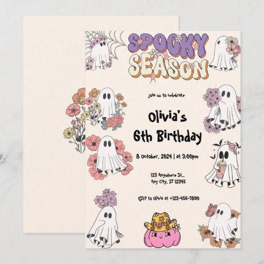 Spooky Seizoen Schattige Ghost Bloemen Halloween V Kaart (Voorkant / Achterkant)