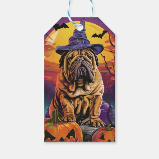 Spooky Shar Pei Hond Halloween Heks en Pompoen Cadeaulabel (Voorkant)