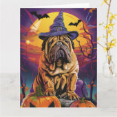Spooky Shar Pei Hond Halloween Heks en Pompoen Kaart (Gele Bloem)