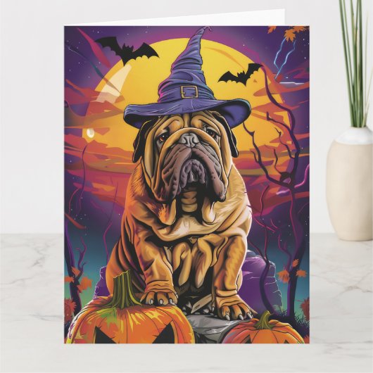 Spooky Shar Pei Hond Halloween Heks en Pompoen Kaart (Voorkant)