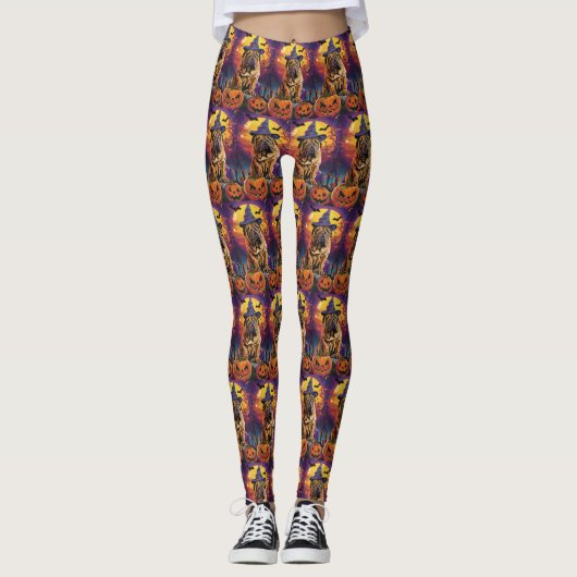 Spooky Shar Pei Hond Halloween Heks en Pompoen Leggings (Voorkant)