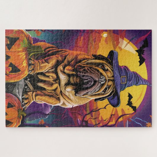 Spooky Shar Pei Hond Halloween Heks en Pompoen Legpuzzel (Horizontaal)