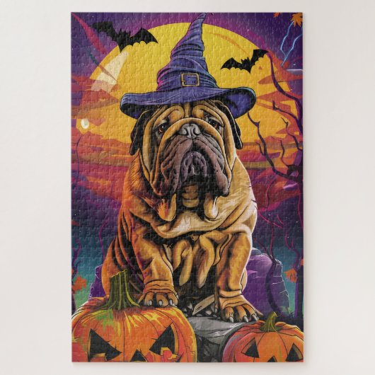 Spooky Shar Pei Hond Halloween Heks en Pompoen Legpuzzel (Verticaal)