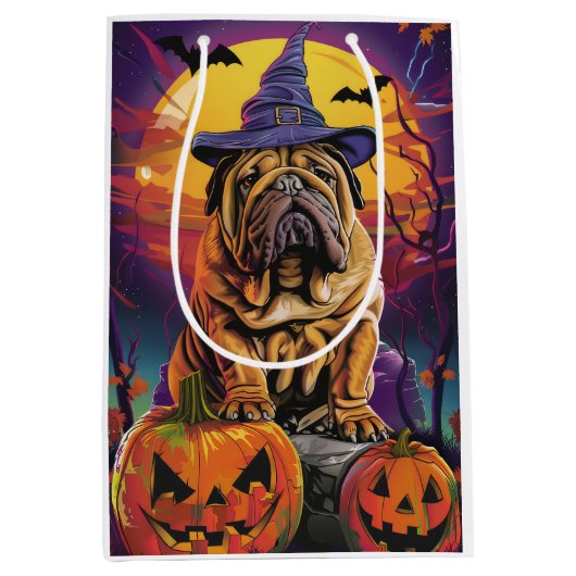 Spooky Shar Pei Hond Halloween Heks en Pompoen Medium Cadeauzakje (Voorkant)