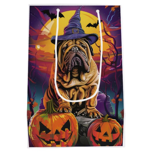 Spooky Shar Pei Hond Halloween Heks en Pompoen Medium Cadeauzakje (Achterkant)