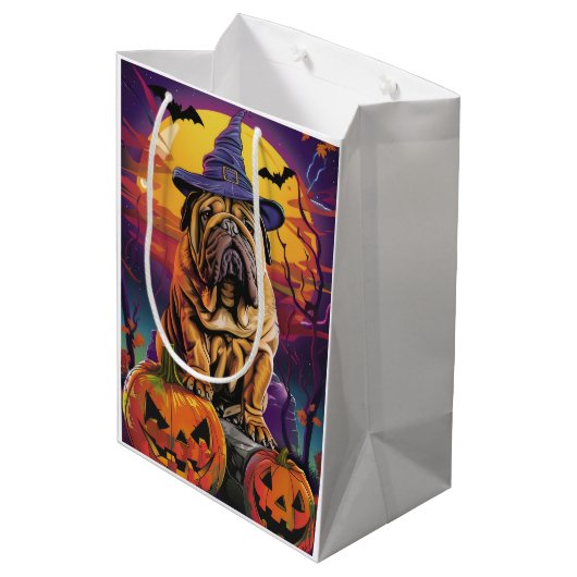 Spooky Shar Pei Hond Halloween Heks en Pompoen Medium Cadeauzakje (Achterkant Gekanteld)