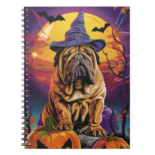 Spooky Shar Pei Hond Halloween Heks en Pompoen Notitieboek (Voorkant)