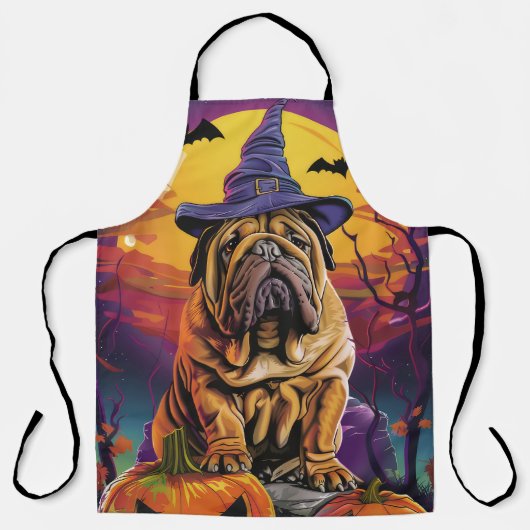 Spooky Shar Pei Hond Halloween Heks en Pompoen Schort (Voorkant)