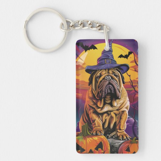 Spooky Shar Pei Hond Halloween Heks en Pompoen Sleutelhanger (Voorkant)