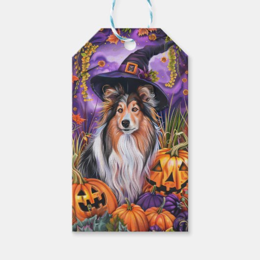 Spooky Shetland Sheepdog Halloween Witch Pumpkin Cadeaulabel (Voorkant)