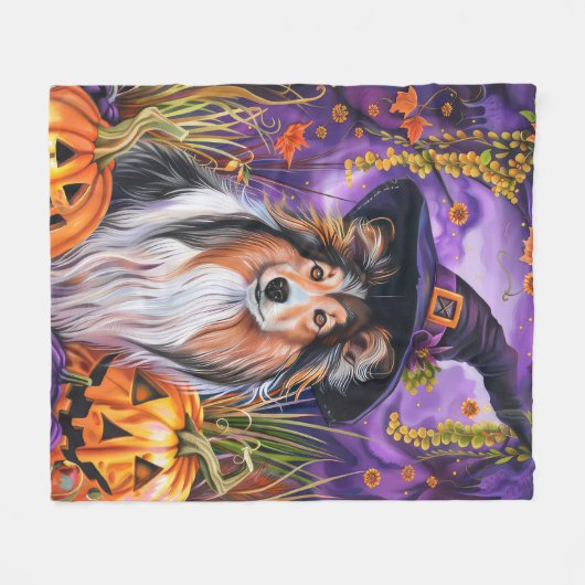 Spooky Shetland Sheepdog Halloween Witch Pumpkin Fleece Deken (Voorkant (Horizontaal))