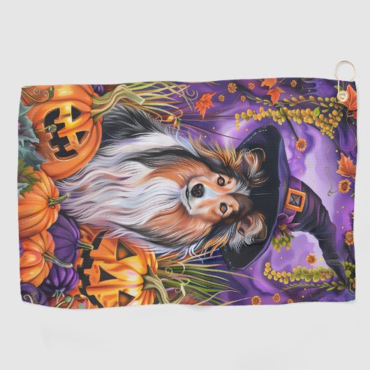 Spooky Shetland Sheepdog Halloween Witch Pumpkin Golfhanddoek (Horizontaal)