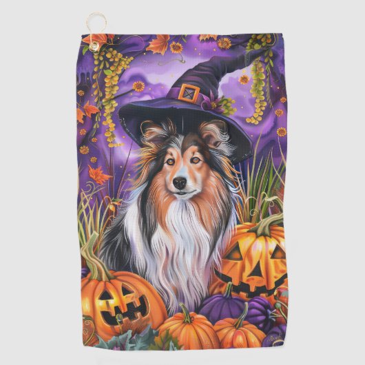 Spooky Shetland Sheepdog Halloween Witch Pumpkin Golfhanddoek (Voorkant)