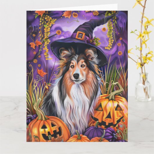 Spooky Shetland Sheepdog Halloween Witch Pumpkin Kaart (Gele Bloem)