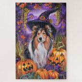 Spooky Shetland Sheepdog Halloween Witch Pumpkin Legpuzzel (Verticaal)