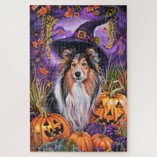 Spooky Shetland Sheepdog Halloween Witch Pumpkin Legpuzzel (Verticaal)
