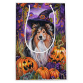 Spooky Shetland Sheepdog Halloween Witch Pumpkin Medium Cadeauzakje (Voorkant)