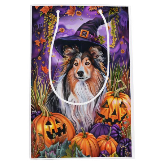 Spooky Shetland Sheepdog Halloween Witch Pumpkin Medium Cadeauzakje (Voorkant)