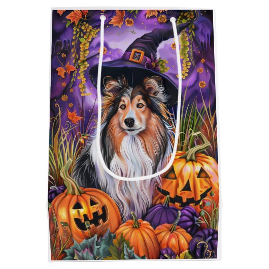 Spooky Shetland Sheepdog Halloween Witch Pumpkin Medium Cadeauzakje (Achterkant)