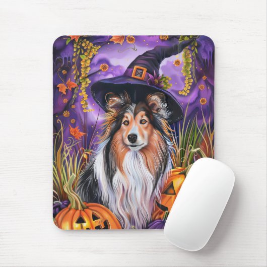 Spooky Shetland Sheepdog Halloween Witch Pumpkin Muismat (Met muis)