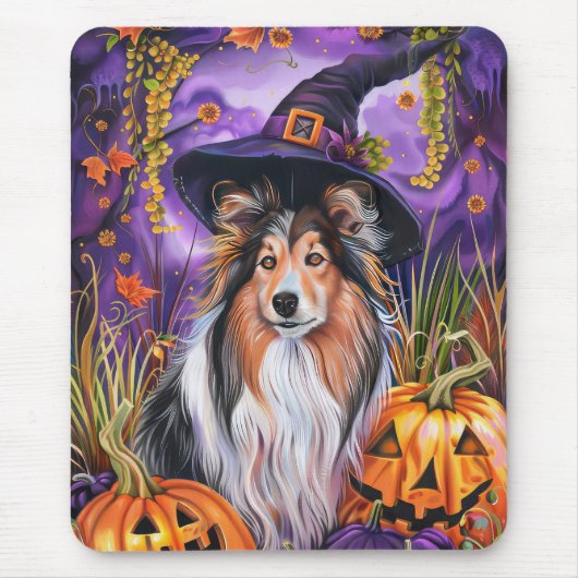 Spooky Shetland Sheepdog Halloween Witch Pumpkin Muismat (Voorkant)