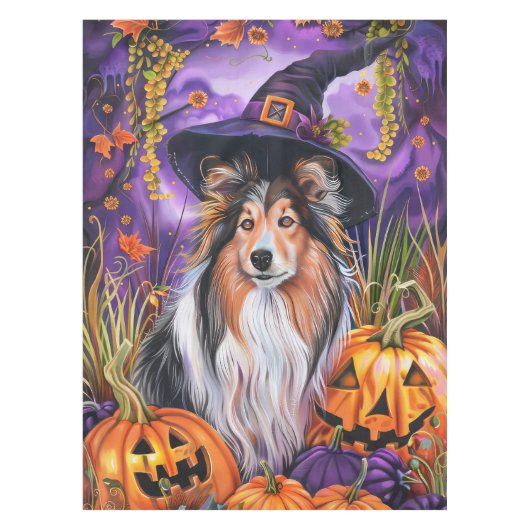 Spooky Shetland Sheepdog Halloween Witch Pumpkin Tafelkleed (Voorkant)