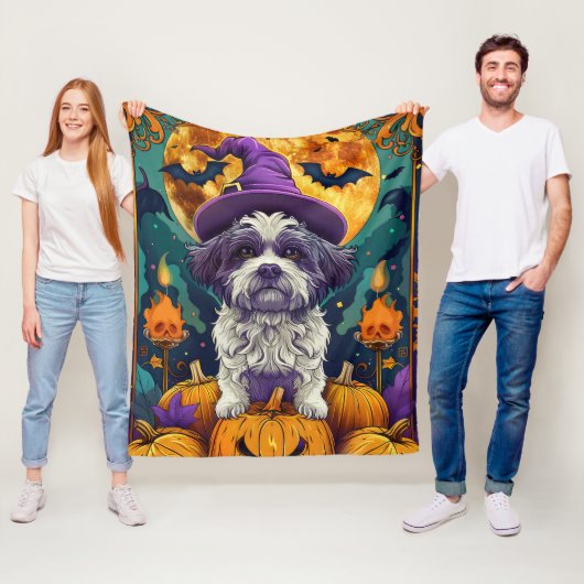 Spooky Shih Tzu Hond Halloween Heks en Pompoen Fleece Deken (In situ)