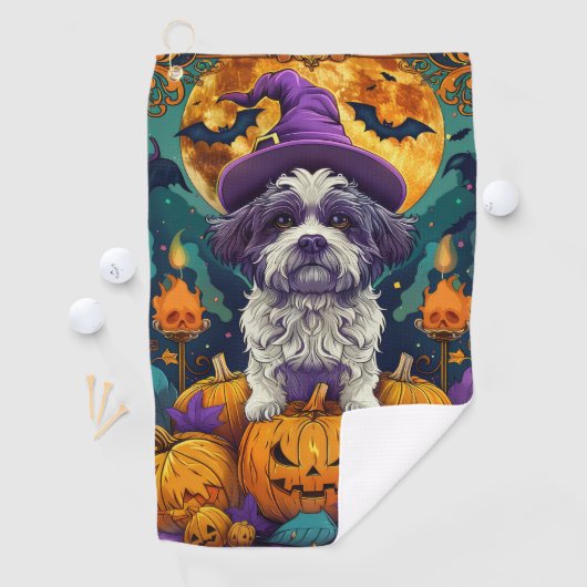 Spooky Shih Tzu Hond Halloween Heks en Pompoen Golfhanddoek (Insitu)