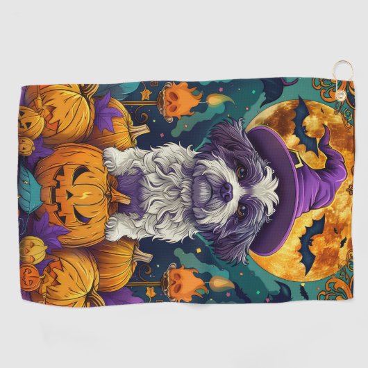 Spooky Shih Tzu Hond Halloween Heks en Pompoen Golfhanddoek (Horizontaal)