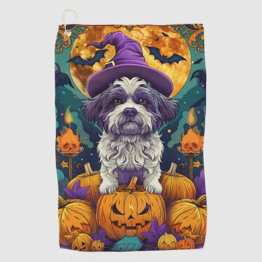 Spooky Shih Tzu Hond Halloween Heks en Pompoen Golfhanddoek (Voorkant)