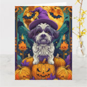 Spooky Shih Tzu Hond Halloween Heks en Pompoen Kaart (Gele Bloem)