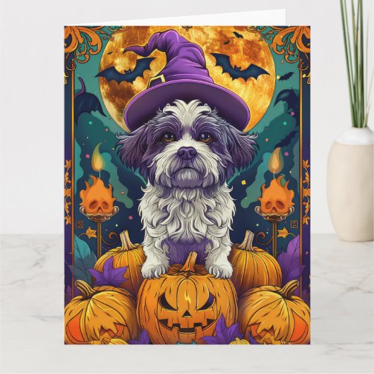 Spooky Shih Tzu Hond Halloween Heks en Pompoen Kaart (Voorkant)