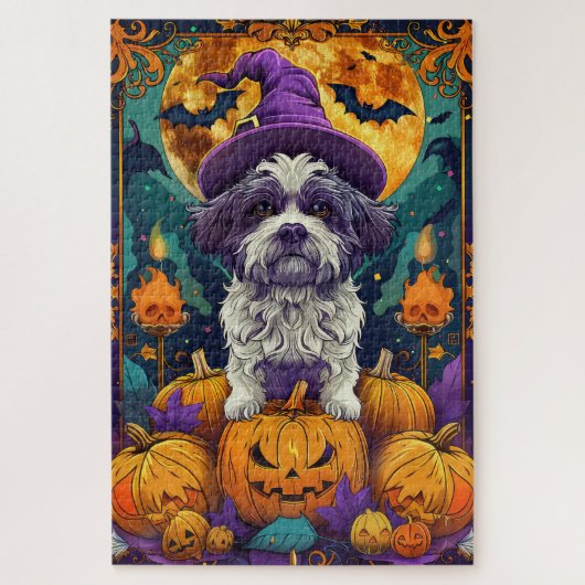 Spooky Shih Tzu Hond Halloween Heks en Pompoen Legpuzzel (Verticaal)