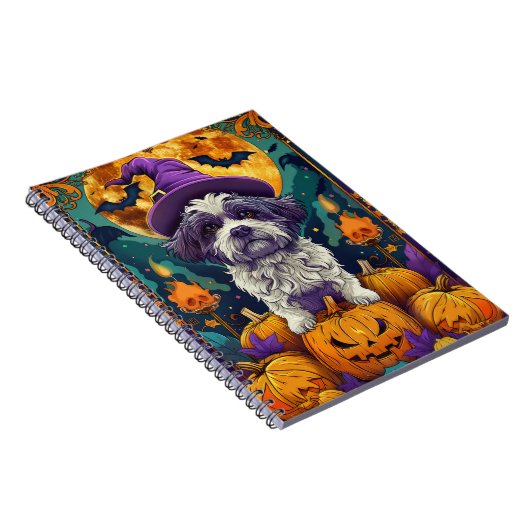 Spooky Shih Tzu Hond Halloween Heks en Pompoen Notitieboek (Rechterzijde)