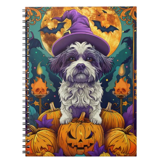 Spooky Shih Tzu Hond Halloween Heks en Pompoen Notitieboek (Voorkant)