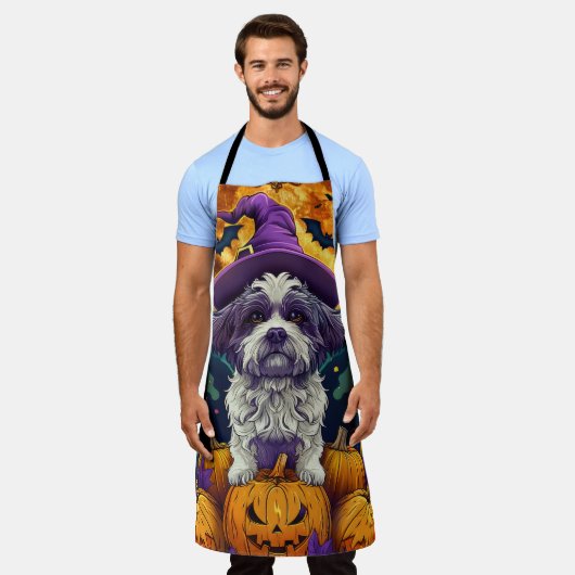 Spooky Shih Tzu Hond Halloween Heks en Pompoen Schort (Gedragen)