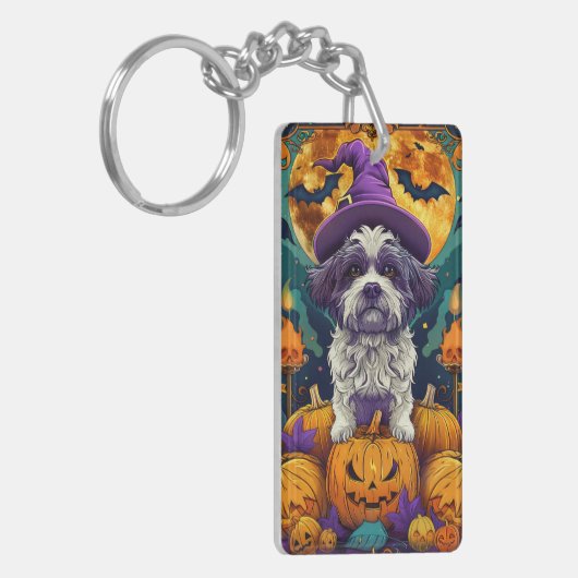 Spooky Shih Tzu Hond Halloween Heks en Pompoen Sleutelhanger (Voorkant Links)