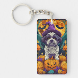 Spooky Shih Tzu Hond Halloween Heks en Pompoen Sleutelhanger