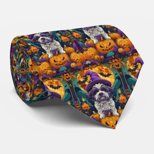 Spooky Shih Tzu Hond Halloween Heks en Pompoen Stropdas (Opgerold)